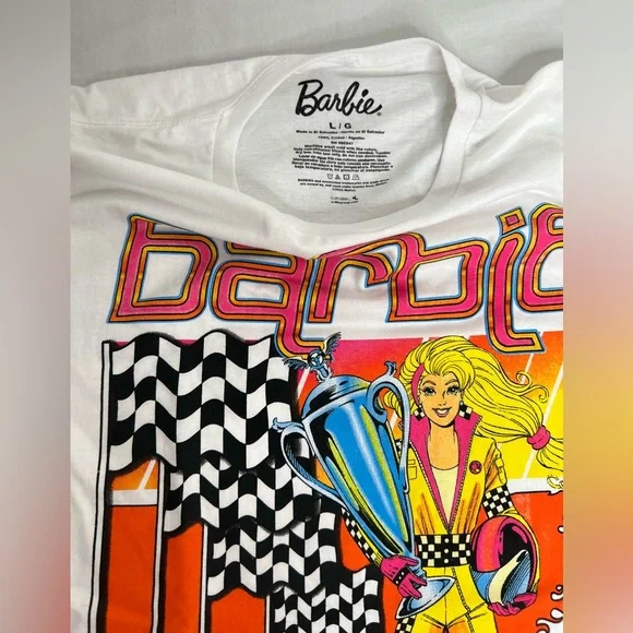 BARBIE Adult T Shirt Racing Phenomenal Short Sleeve White Beautiful NEW Size L - Picture 2 of 4